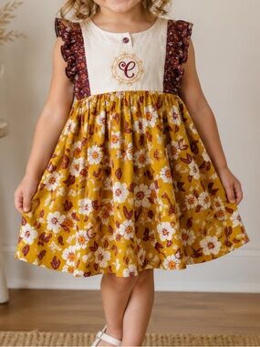 Handmade A Stitch of Joy Girls Floral Dress Monogram “C” Mustard Ruffle Sleeve
